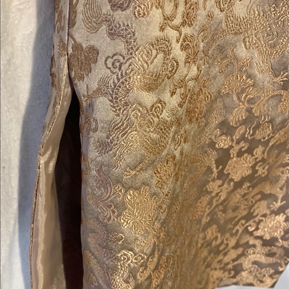 100% Silk Gold Asian Inspired S Coat w/ Faux Fur - Picture 8 of 9